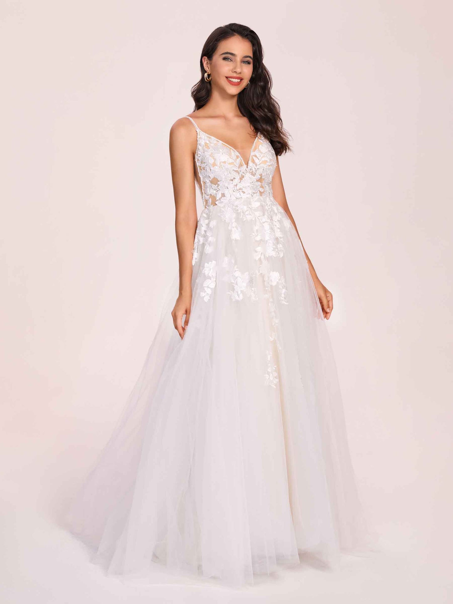 Sexy V-neck Open Back Spaghetti Straps A-line Long Train Wedding Dress