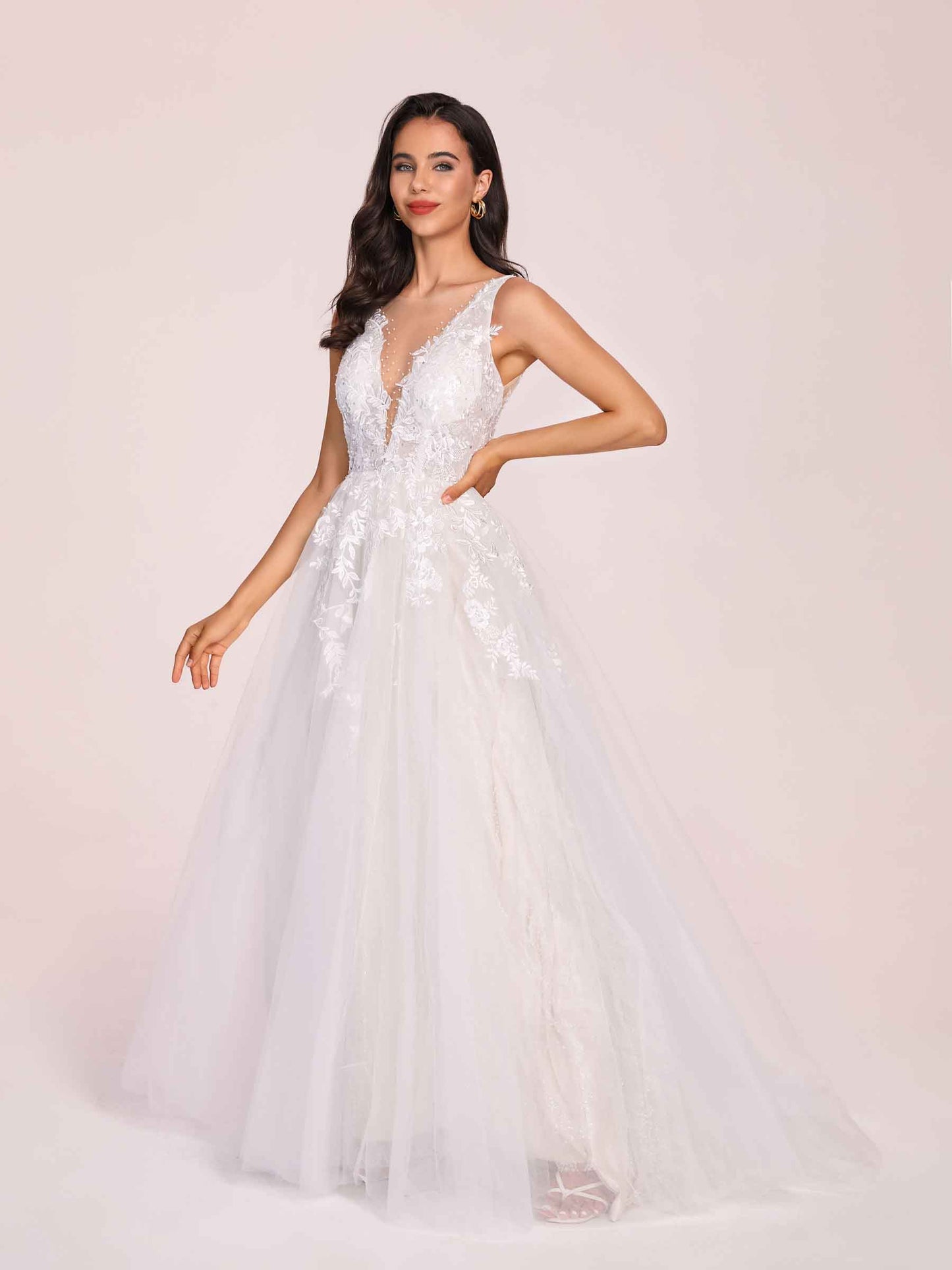 Sexy Sleeveless V-neck Open Back Appliques Boho A-line Long Wedding Dress