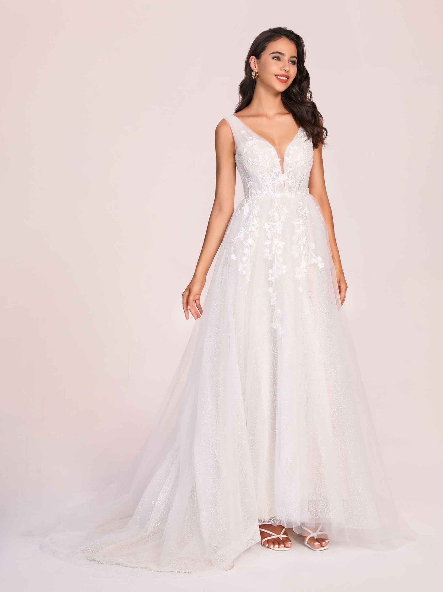Elegant V-neck Appliques Boho A-line Floor Length Wedding Dress