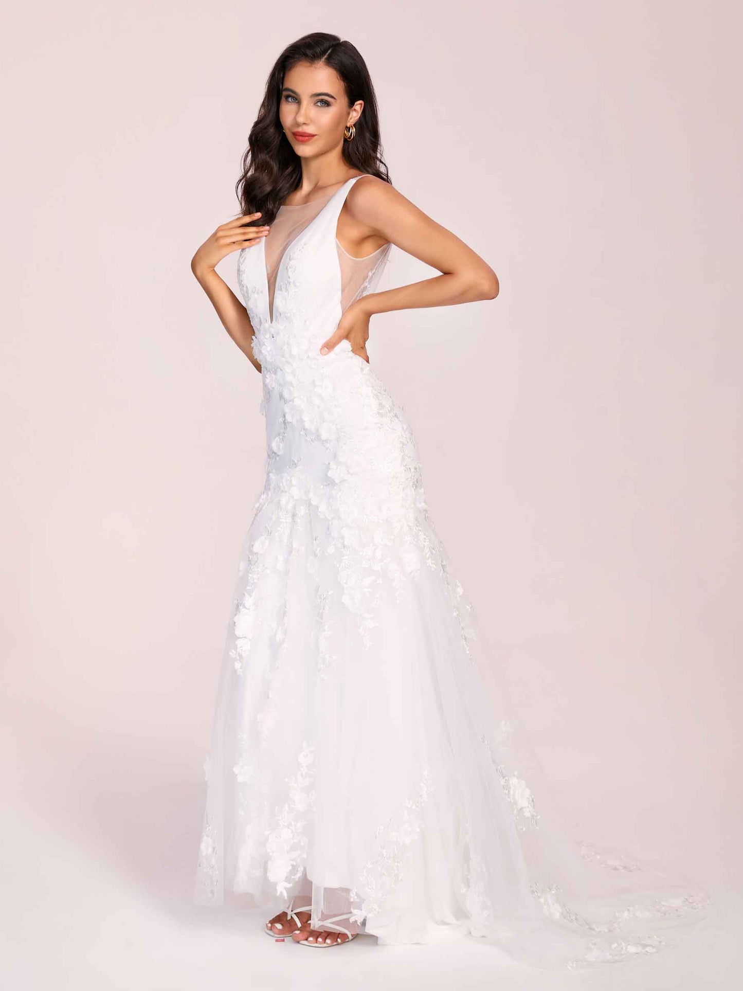 Sexy V-neck Open Back Mermaid Lace Floor Length Wedding Dress