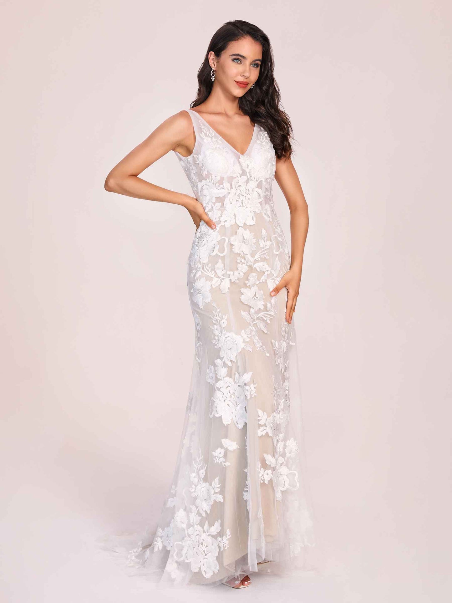 Sexy V-neck Open Back Mermaid Lace Floor Length Wedding Dress