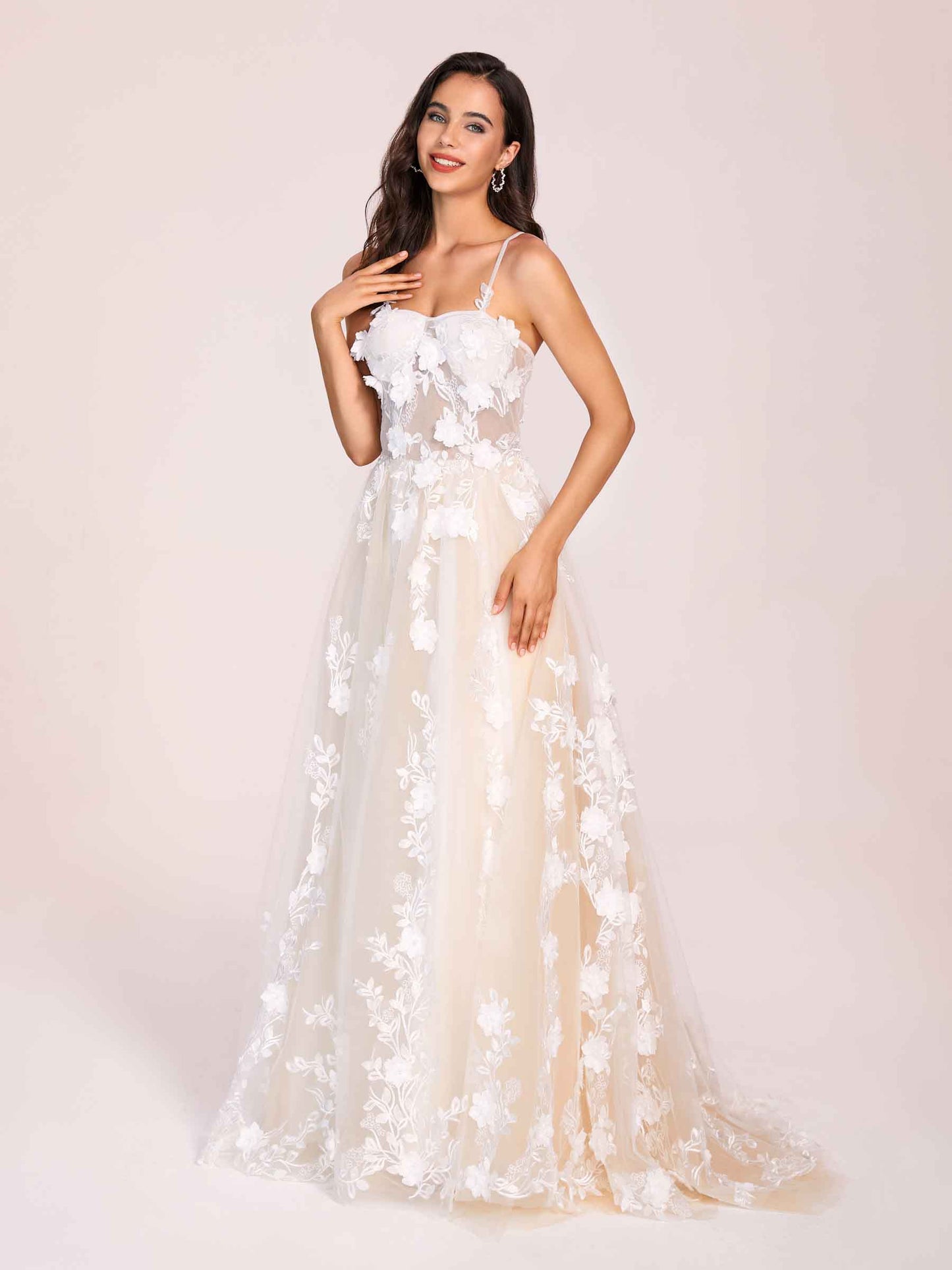 Fashion Sweetheart A-line Zipper Back Spaghetti Strap Lace Floor Length Wedding Dress