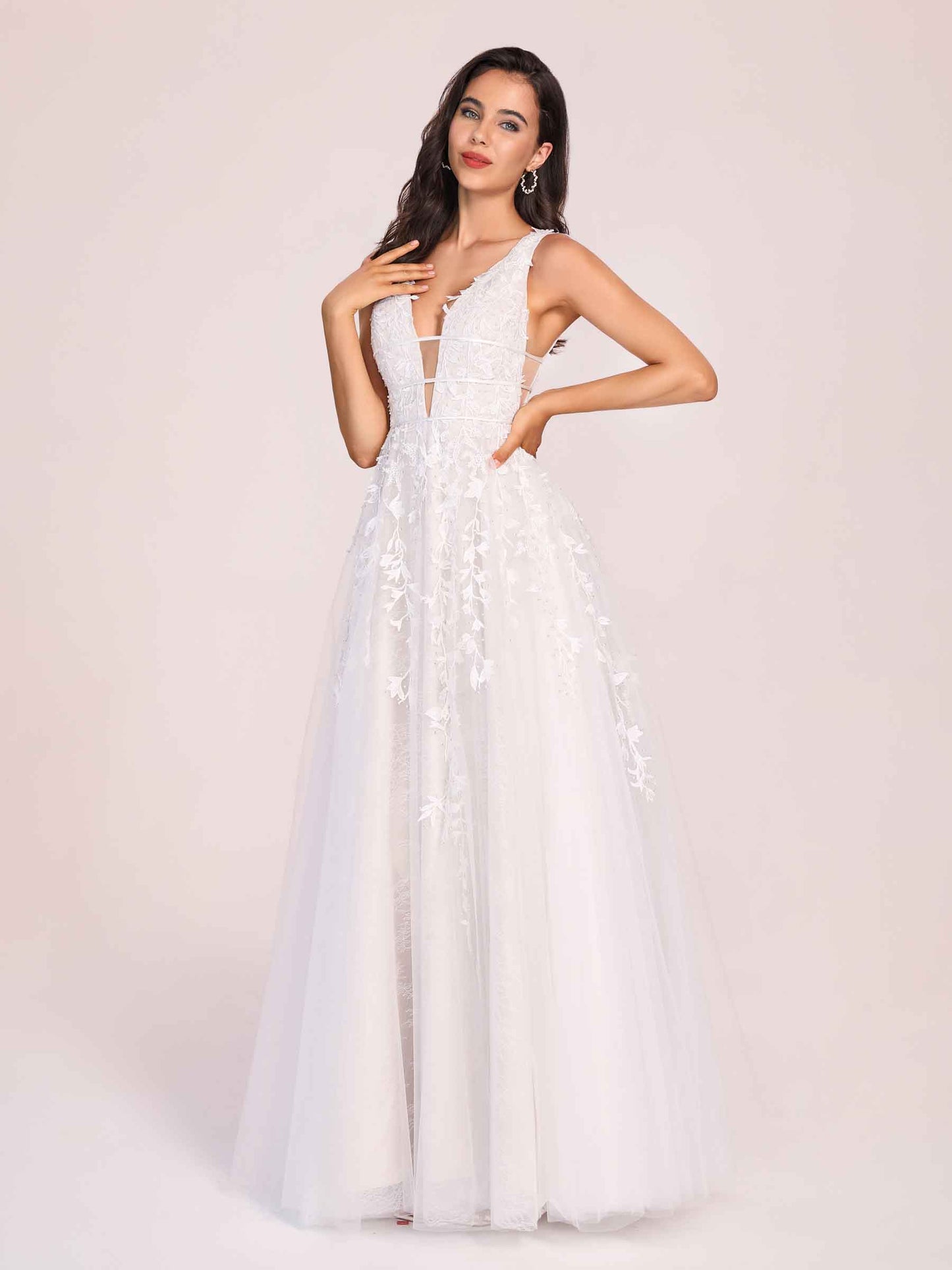 Fancy V-neck A-line Zipper Back Lace Floor Length Wedding Dress