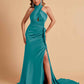 Elegant Satin Halter Pleats Side Slit Mermaid Bridesmaid Dresses Floor-Length