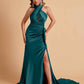Elegant Satin Halter Pleats Side Slit Mermaid Bridesmaid Dresses Floor-Length