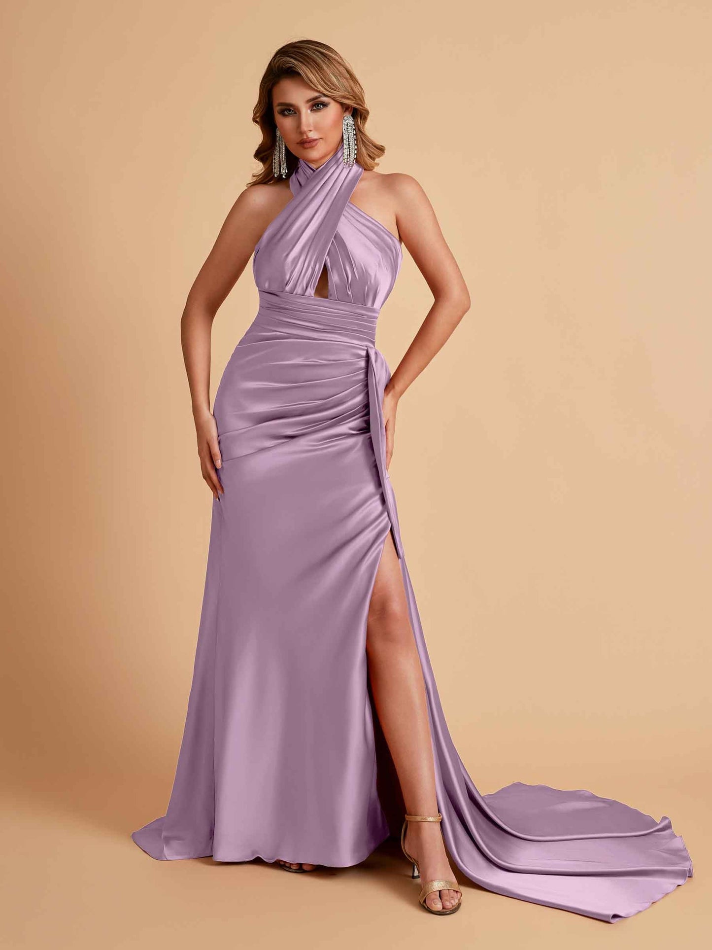 Elegant Satin Halter Pleats Side Slit Mermaid Bridesmaid Dresses Floor-Length