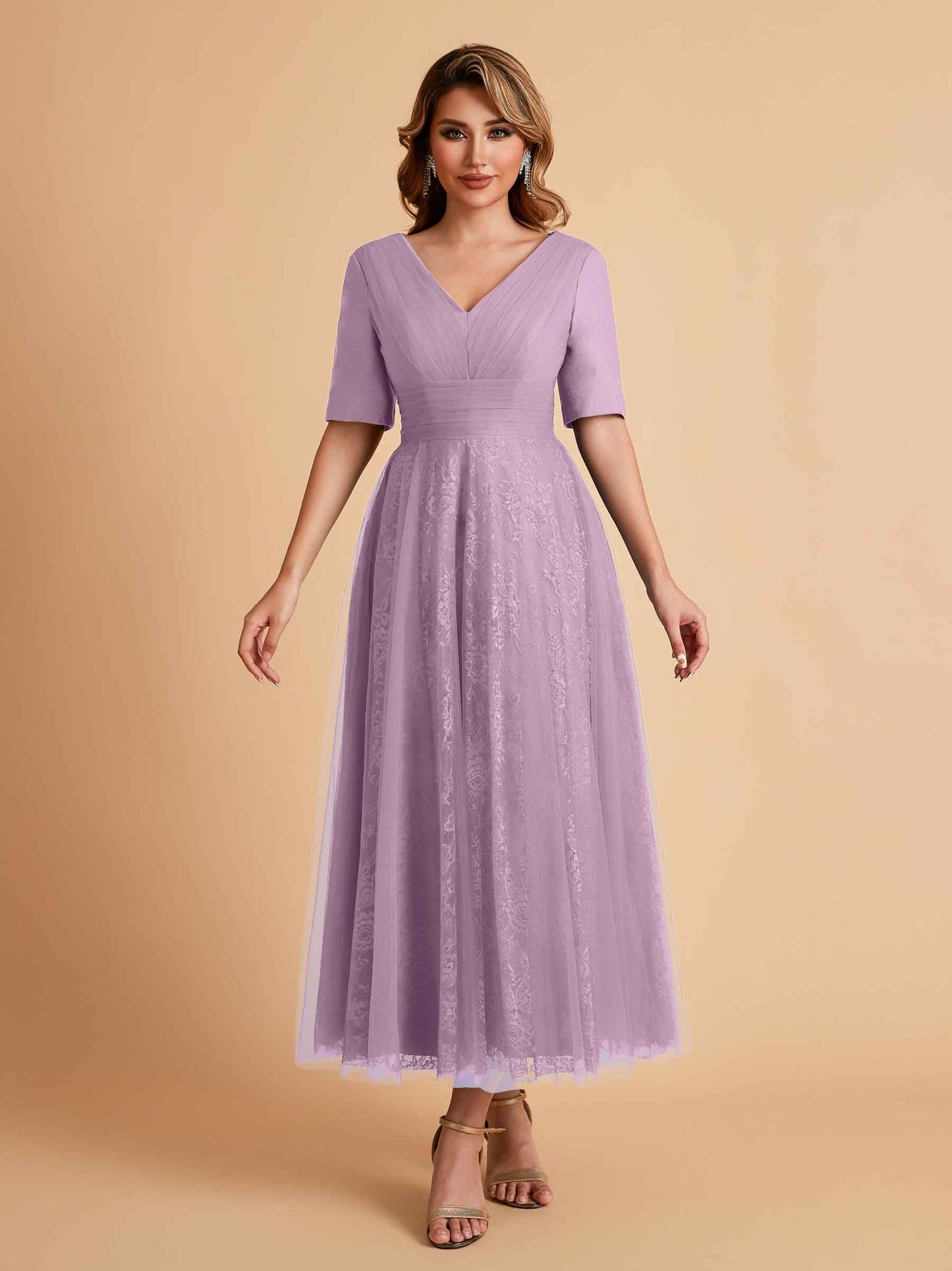 Elegant A-line Half Sleeves V-neck Mother of the Brides Dresses Online