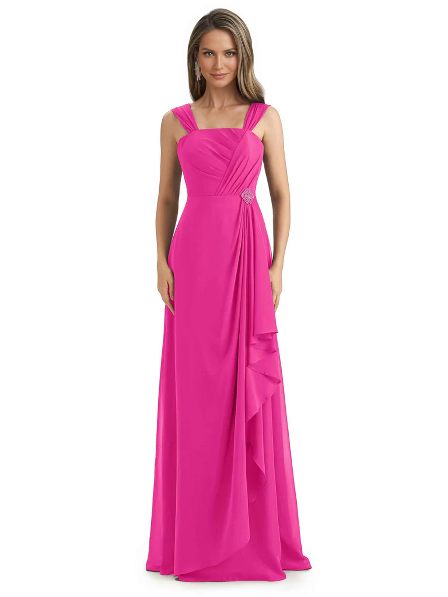 Square Neck Mother of the Bride Dress Floor-Length Chiffon Gown with Ruched Bodice