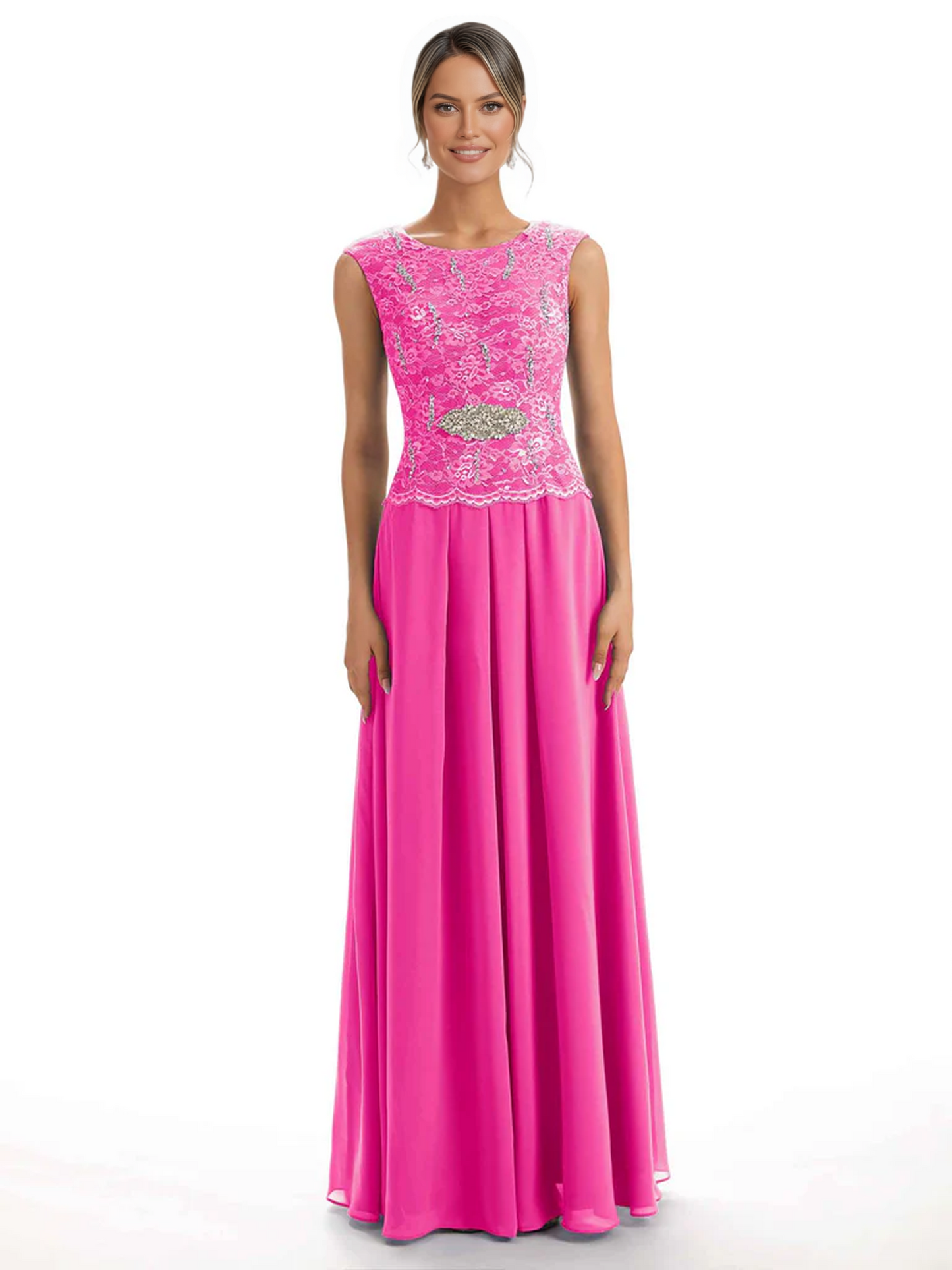 Mother of the Bride Dress Floor-Length Chiffon Gown with Embroidered Lace Bodice