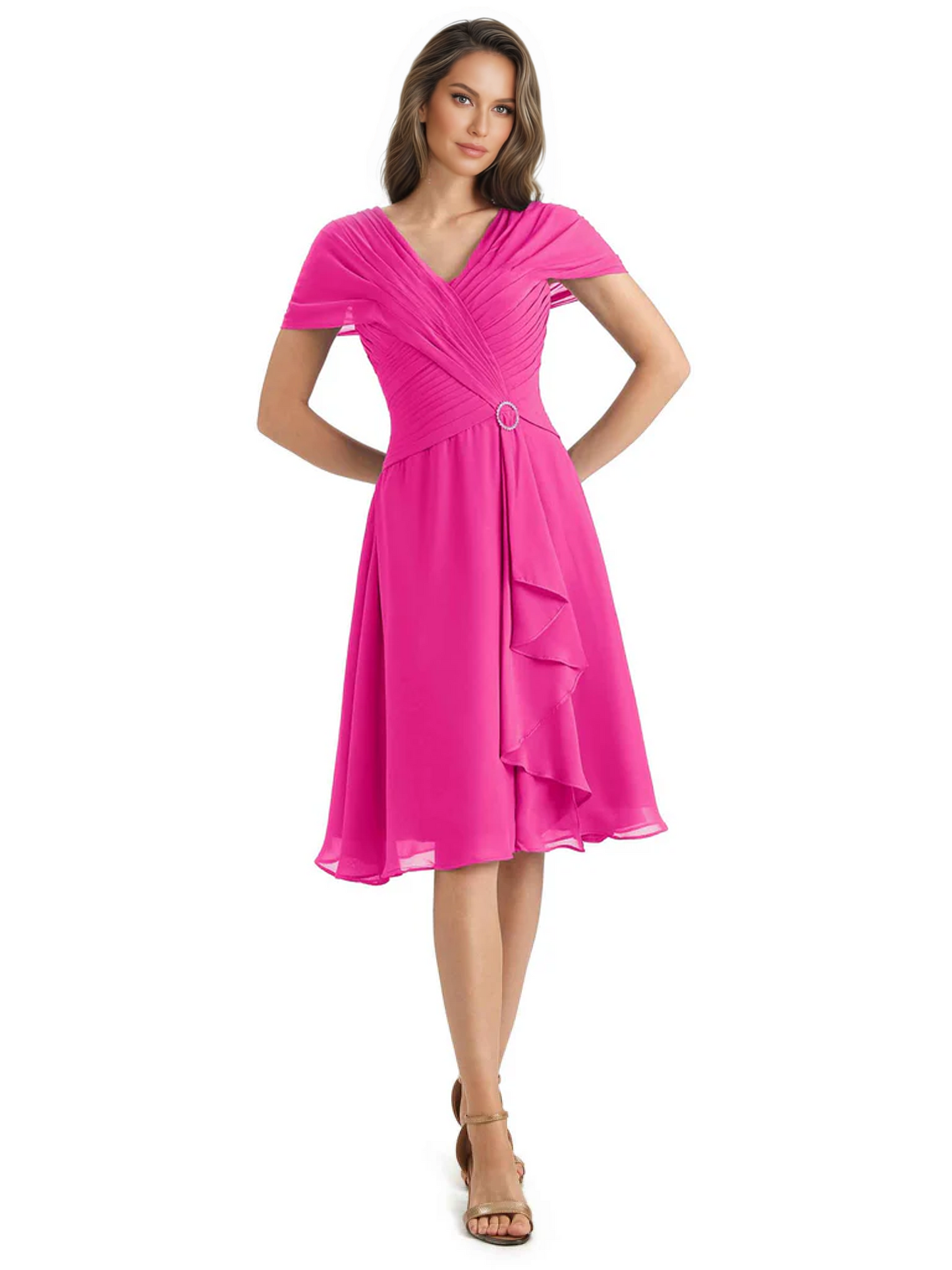 Mother of the Bride Dress Knee-Length V-Neck Chiffon Gown with Ruched Bodice