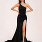 Jersey One-shoulder Bridesmaid Dresses Open Back Pleats Side-Slit With Train Long