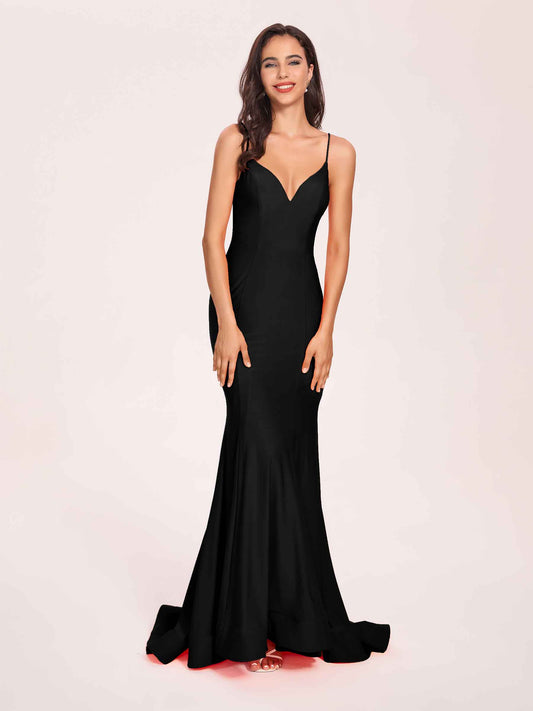 Sexy Jersey Mermaid Bridesmaid Dresses Spaghetti Straps V-neck Floor Length Lace-up Back