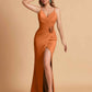 Elegant Satin Spaghetti Straps V-Neck Mermaid With Pleats and Flower Long Bridesmaid Dresses