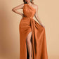 Elegant Soft Satin One Shoulder With Pleats Sheath Long Bridesmaid Dresses