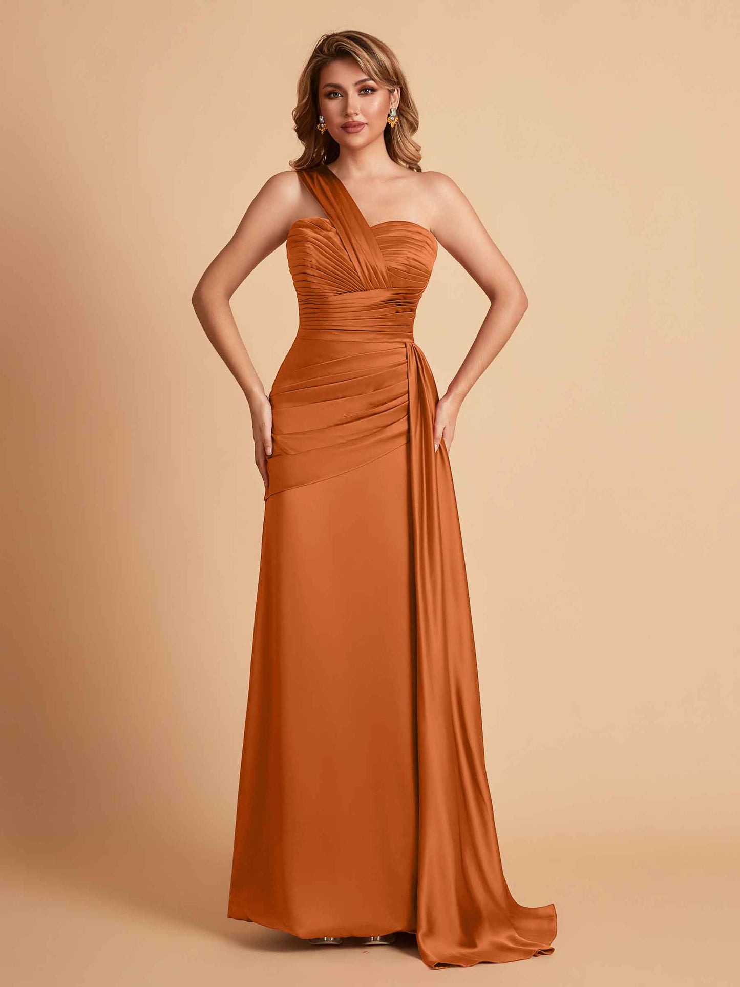 Sexy Satin Sheath One Shoulder With Train Elegant Long Bridesmaid Dresses