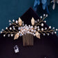 Sparkly Ladies Pearl Crystal Hair Comb Gold Alloy Leaf Hair Accessories for Women