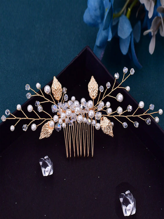Sparkly Ladies Pearl Crystal Hair Comb Gold Alloy Leaf Hair Accessories for Women