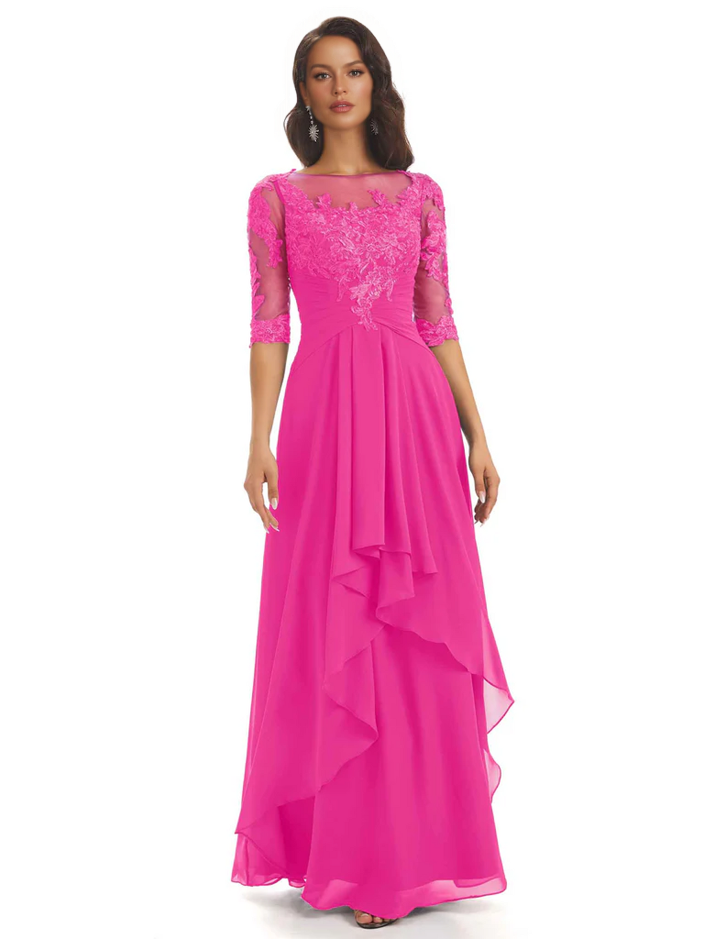 Elegant Lace A-line Chiffon Half Sleeves Mother of the Brides Dresses Floor Length