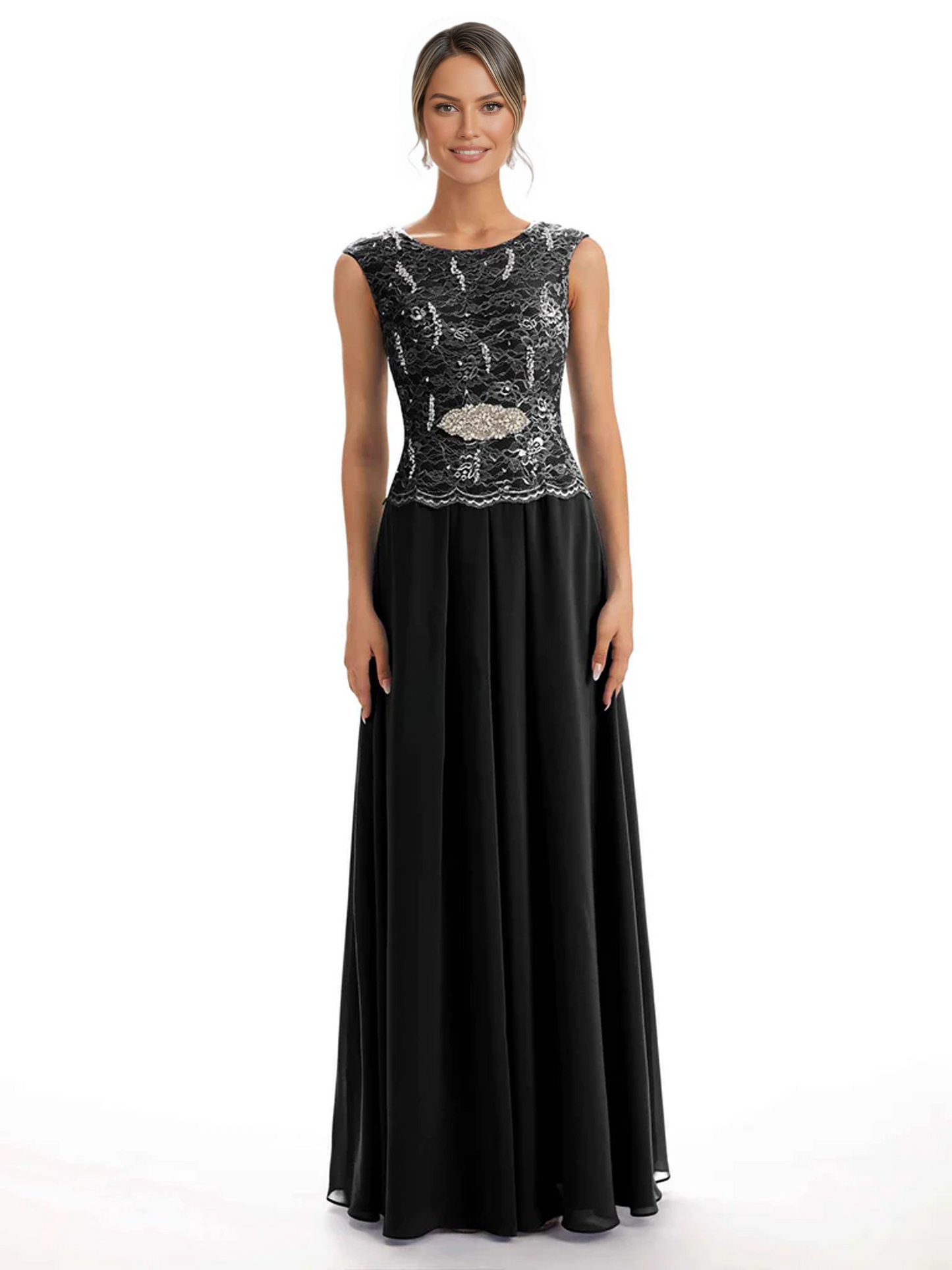 Mother of the Bride Dress Floor-Length Chiffon Gown with Embroidered Lace Bodice