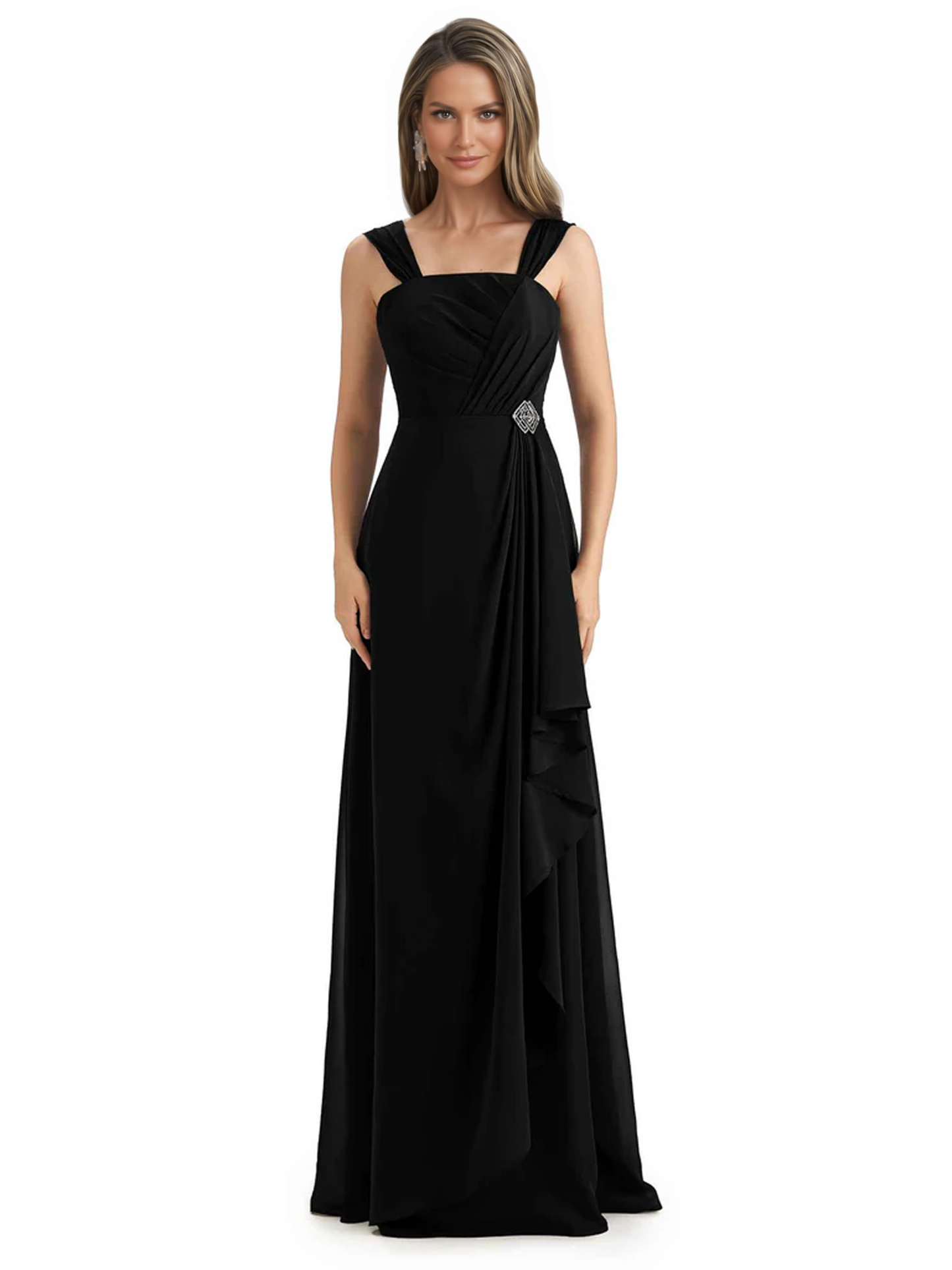 Square Neck Mother of the Bride Dress Floor-Length Chiffon Gown with Ruched Bodice