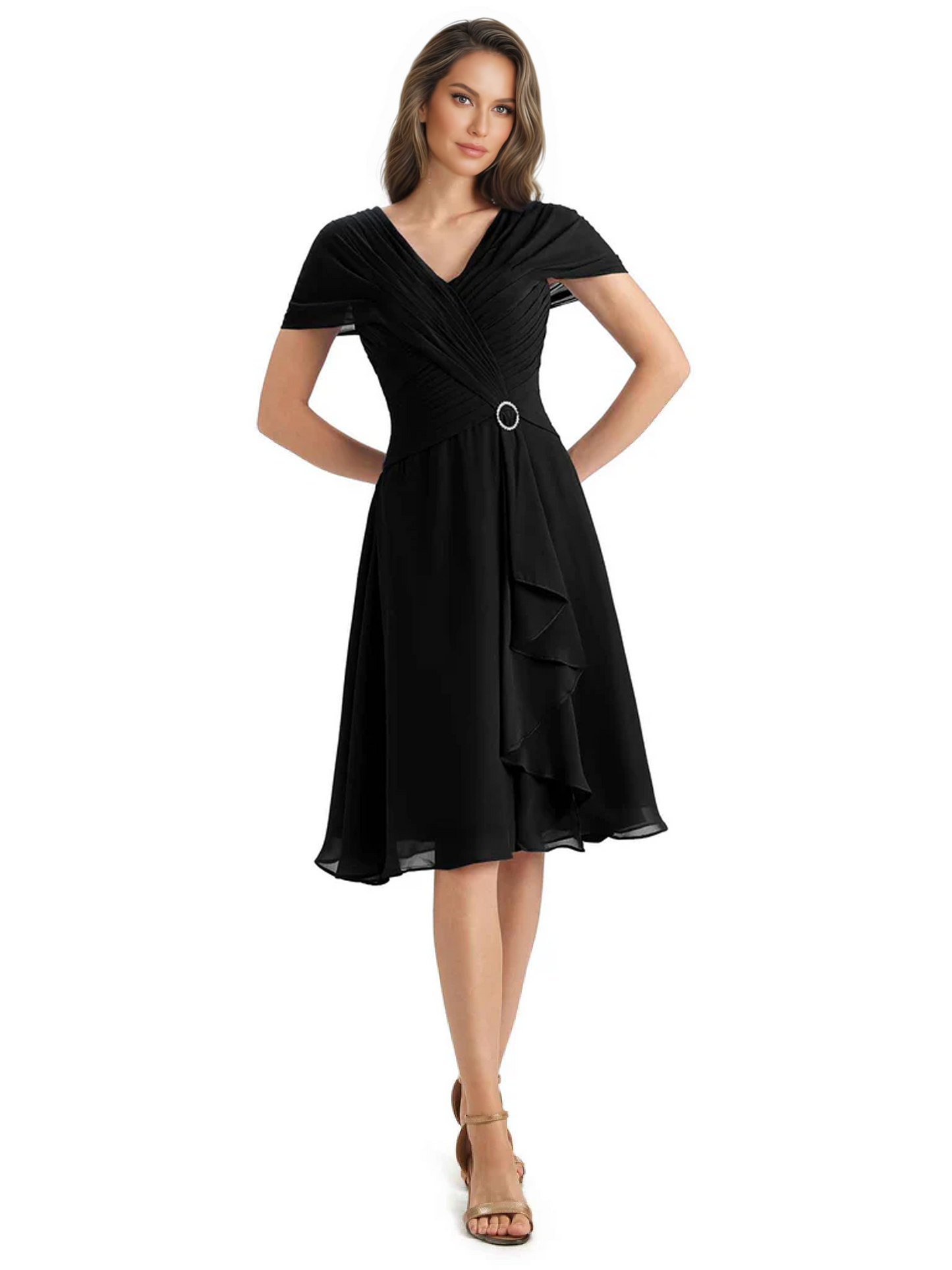 Mother of the Bride Dress Knee-Length V-Neck Chiffon Gown with Ruched Bodice