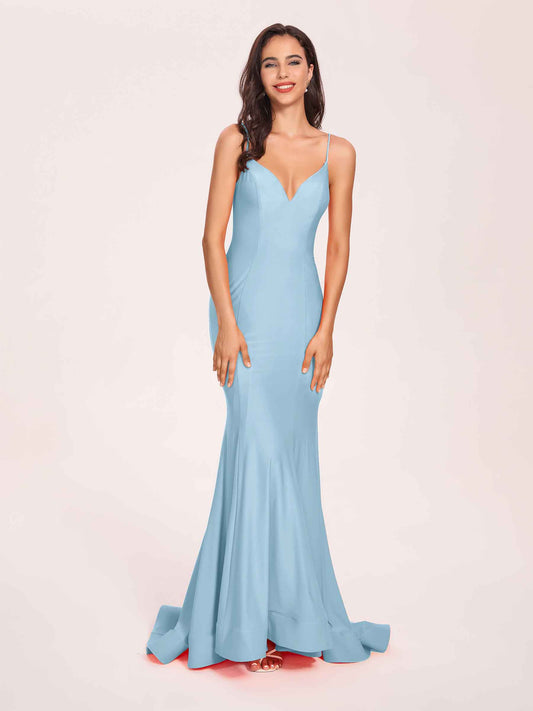 Sexy Jersey Mermaid Bridesmaid Dresses Spaghetti Straps V-neck Floor Length Lace-up Back