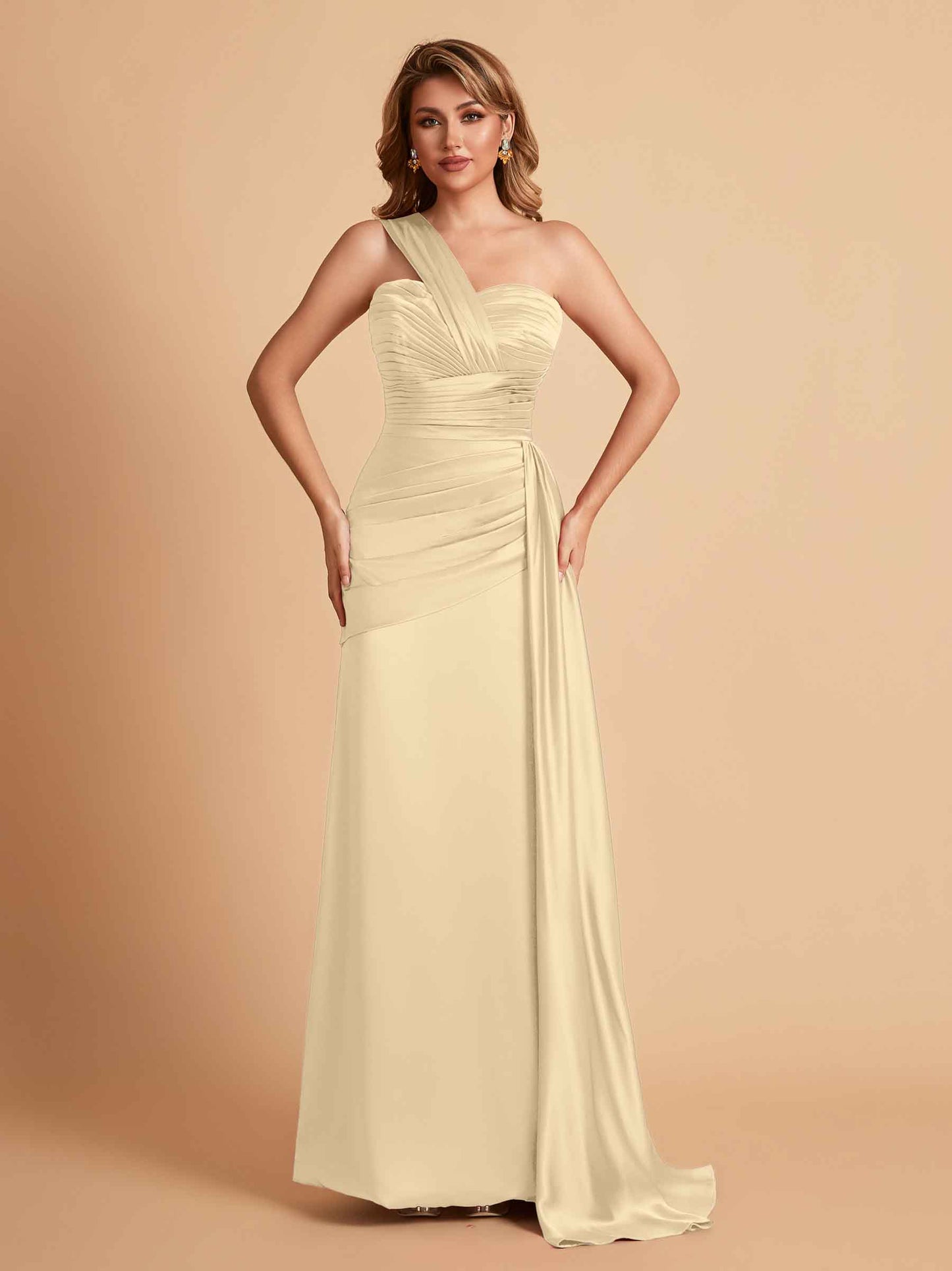 Sexy Satin Sheath One Shoulder With Train Elegant Long Bridesmaid Dresses