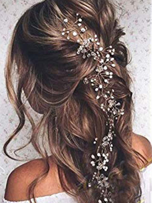 Exquisite Gold, and Silver Bridal Hair Vine | Extra Long Pearl and Crystal Beads | Hand knitting Wedding Hair Jewelry