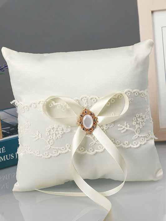 Off White Wedding Ring Pillow Set Bow Knot Lace Decoration