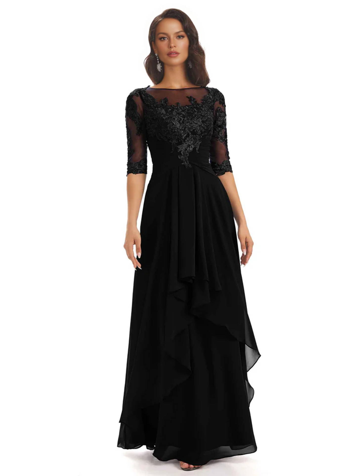 Elegant Lace A-line Chiffon Half Sleeves Mother of the Brides Dresses Floor Length