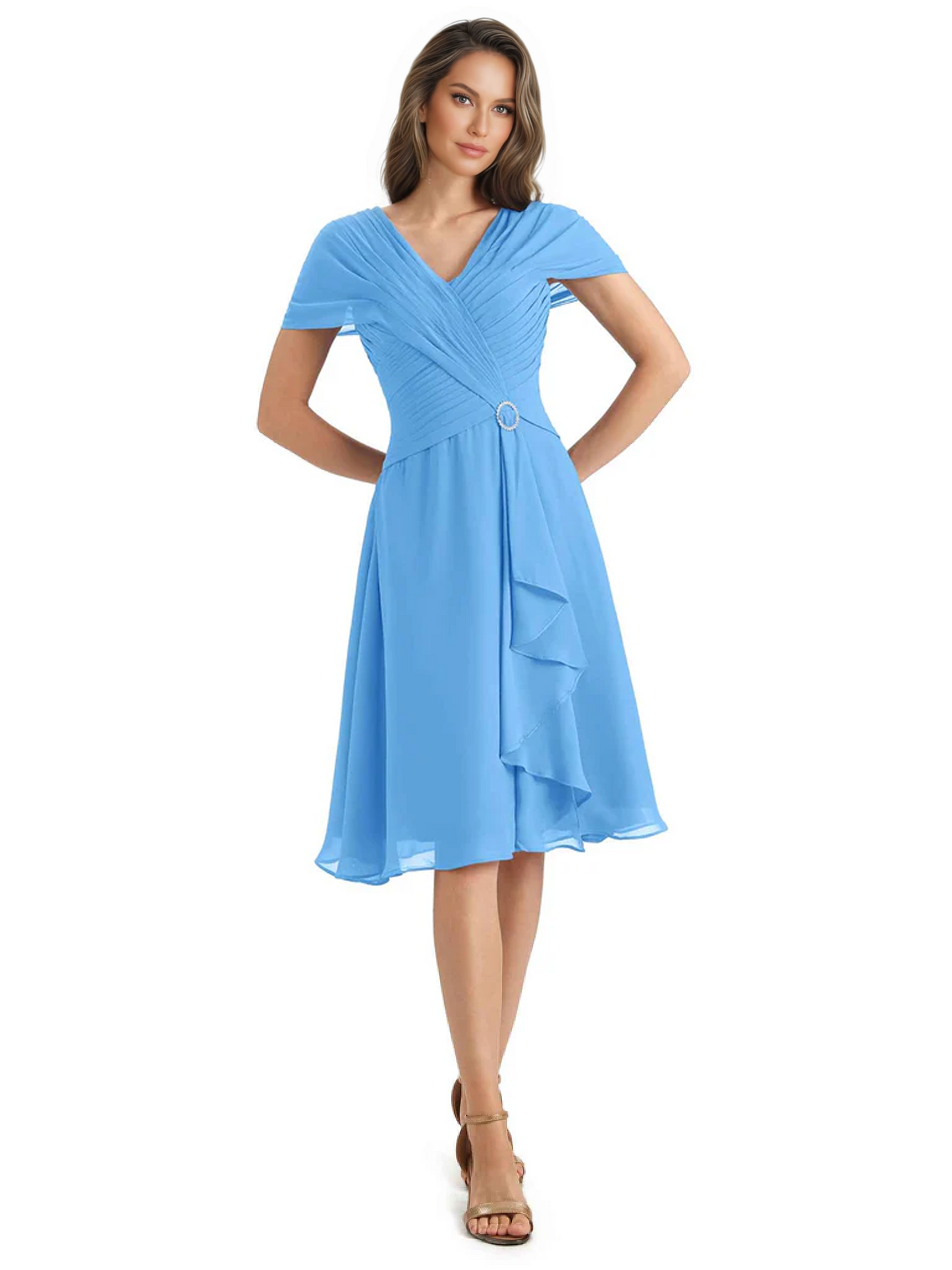 Mother of the Bride Dress Knee-Length V-Neck Chiffon Gown with Ruched Bodice