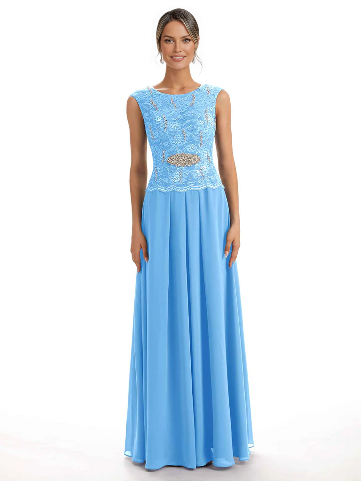 Mother of the Bride Dress Floor-Length Chiffon Gown with Embroidered Lace Bodice