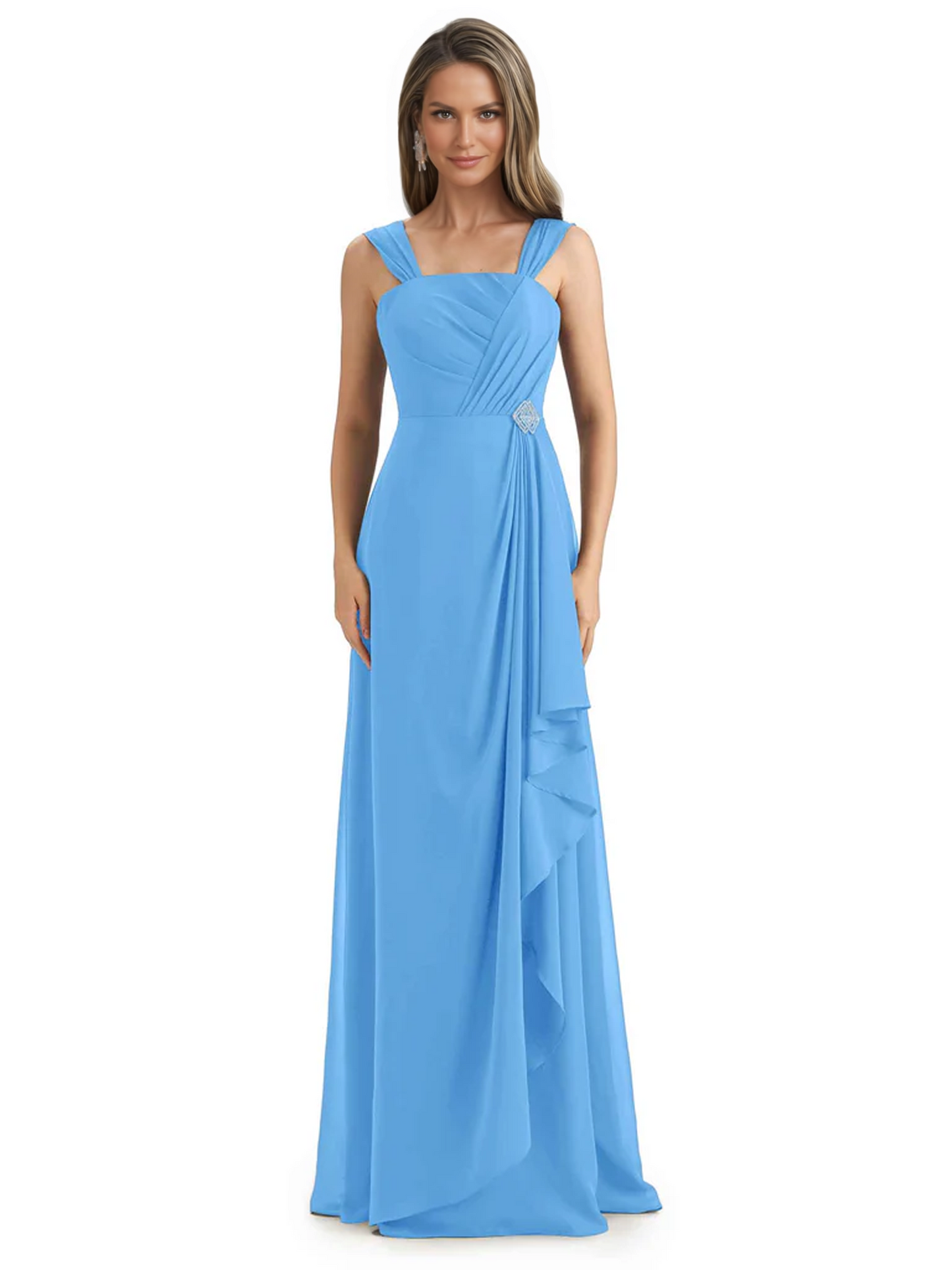 Square Neck Mother of the Bride Dress Floor-Length Chiffon Gown with Ruched Bodice