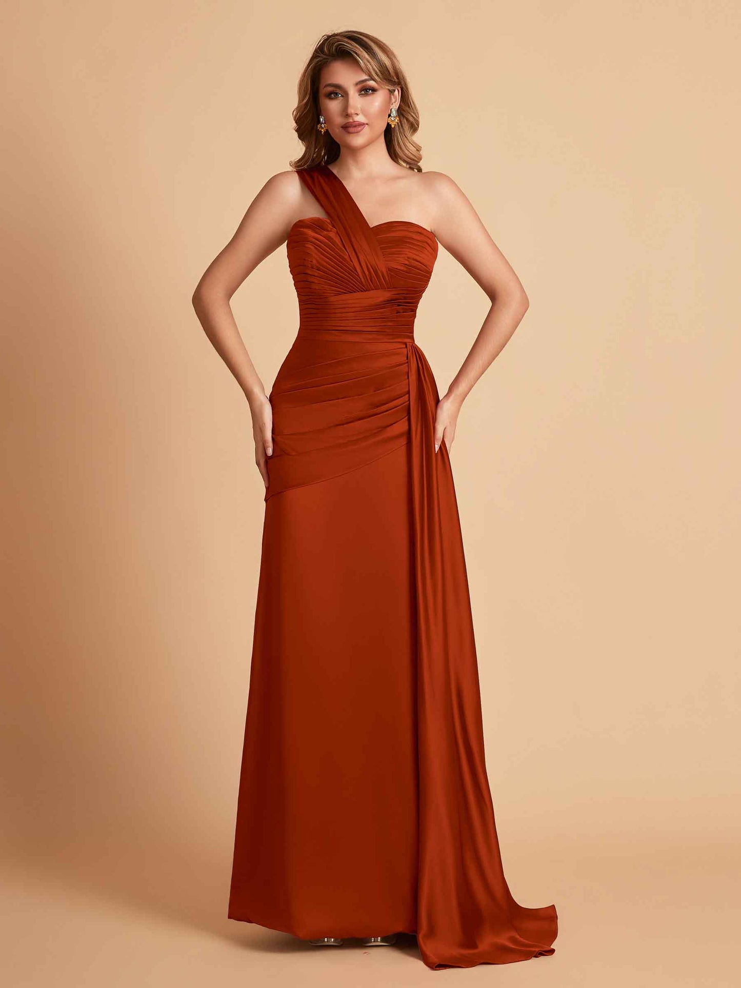 Sexy Satin Sheath One Shoulder With Train Elegant Long Bridesmaid Dresses