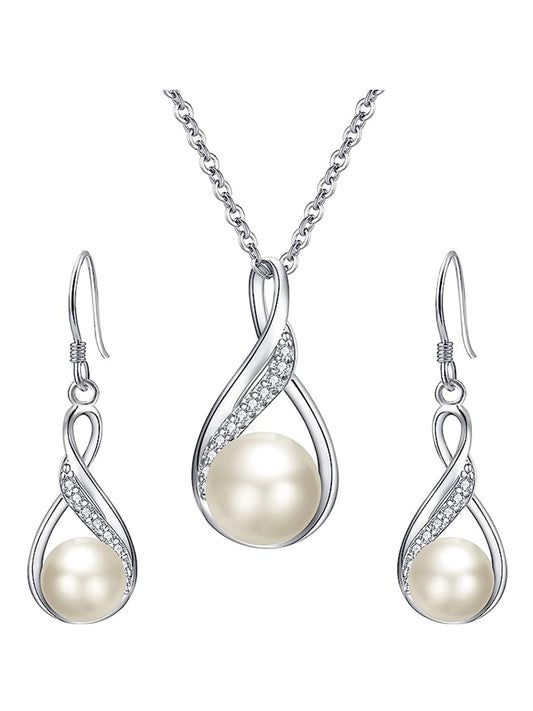 Delicate 925 Sterling Silver & Pearl Bridal Necklace Earrings Wedding Jewelry Sets