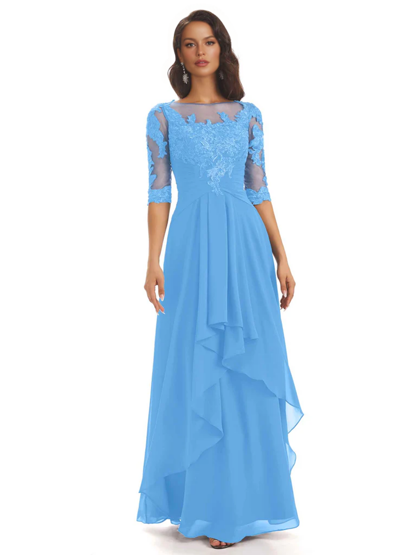Elegant Lace A-line Chiffon Half Sleeves Mother of the Brides Dresses Floor Length