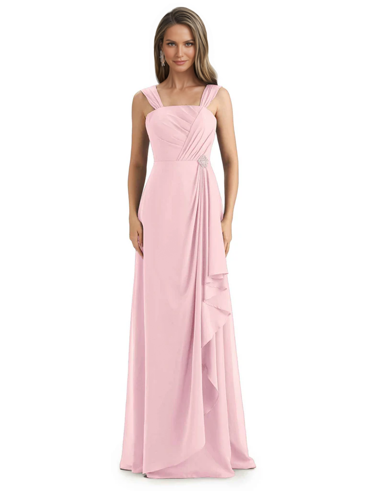 Square Neck Mother of the Bride Dress Floor-Length Chiffon Gown with Ruched Bodice