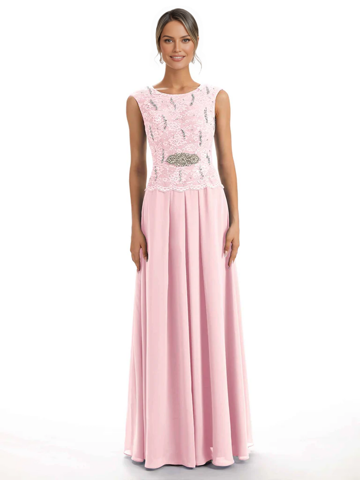 Mother of the Bride Dress Floor-Length Chiffon Gown with Embroidered Lace Bodice