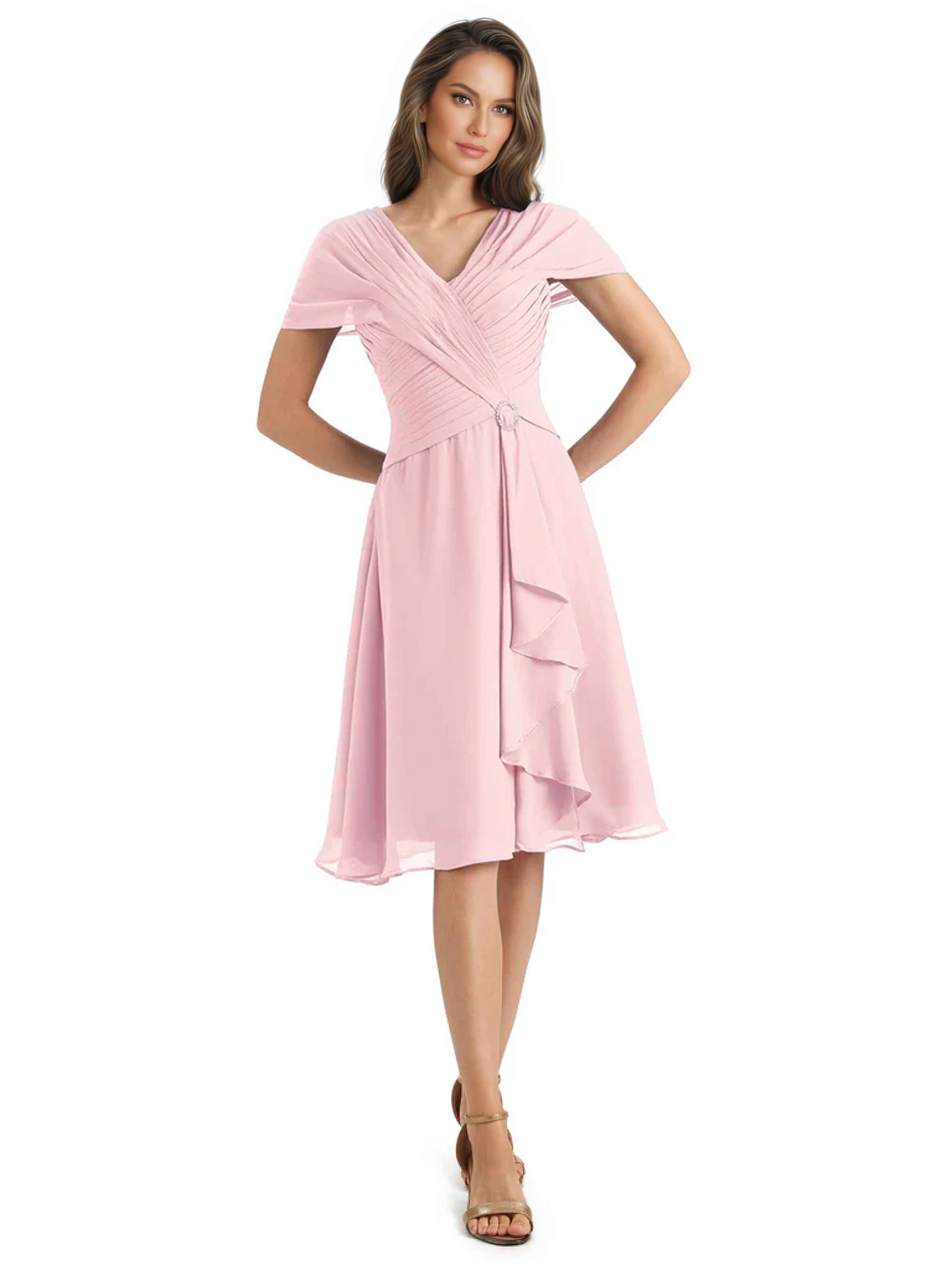 Mother of the Bride Dress Knee-Length V-Neck Chiffon Gown with Ruched Bodice