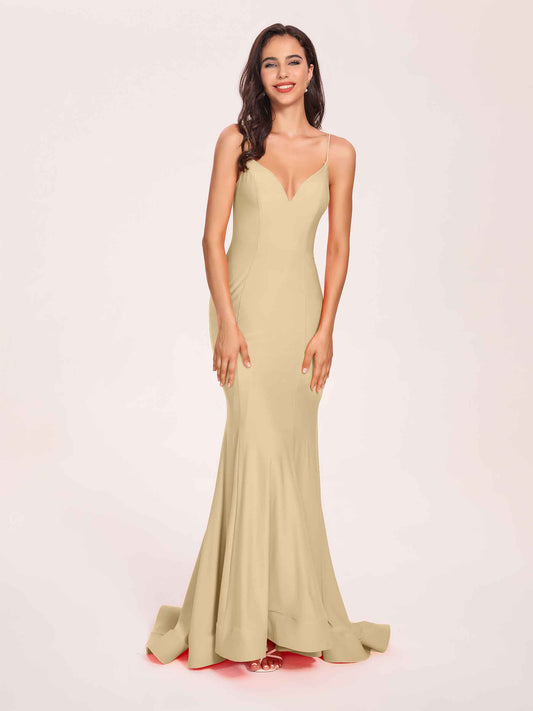 Sexy Jersey Mermaid Bridesmaid Dresses Spaghetti Straps V-neck Floor Length Lace-up Back