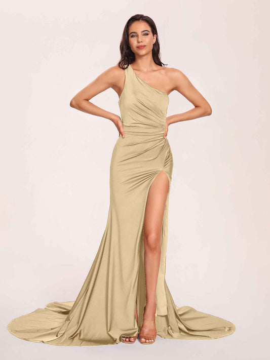 Jersey One-shoulder Bridesmaid Dresses Open Back Pleats Side-Slit With Train Long