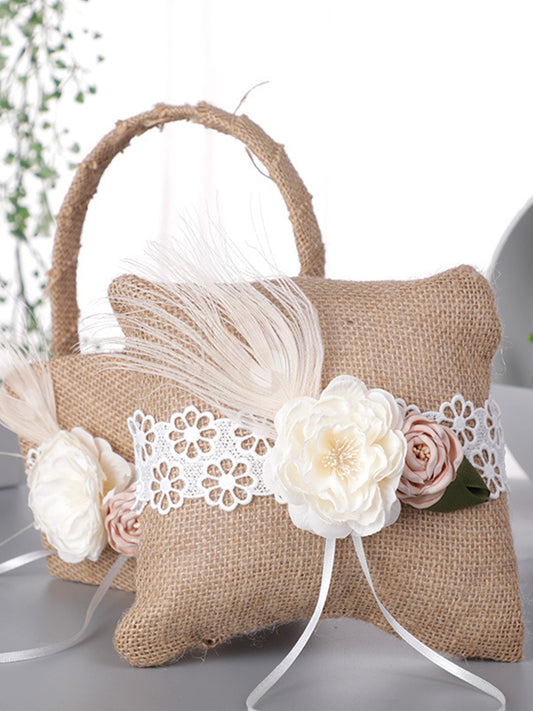 Vintage Scrims Linen Flower Bow Country Style Wedding Ring Pillow