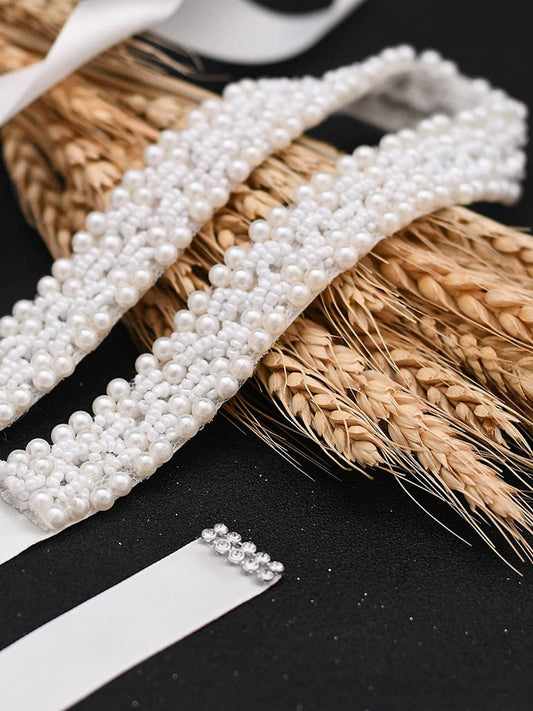 Simple Elegant Pearl Handmade Brides Sash For Wedding