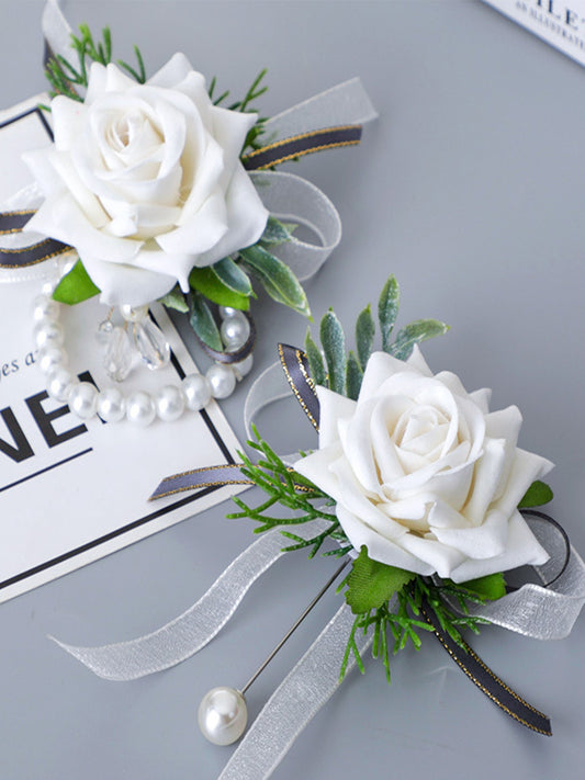 Mori Rose Bride and Groom Wrist Flower Brooch Wedding Sisters Group Hand Flower Groomsmen Group Corsage