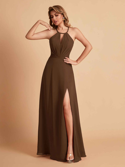 Stylish A-line Chiffon Halter Key-hole Open Back Floor Length Bridesmaid Dresses