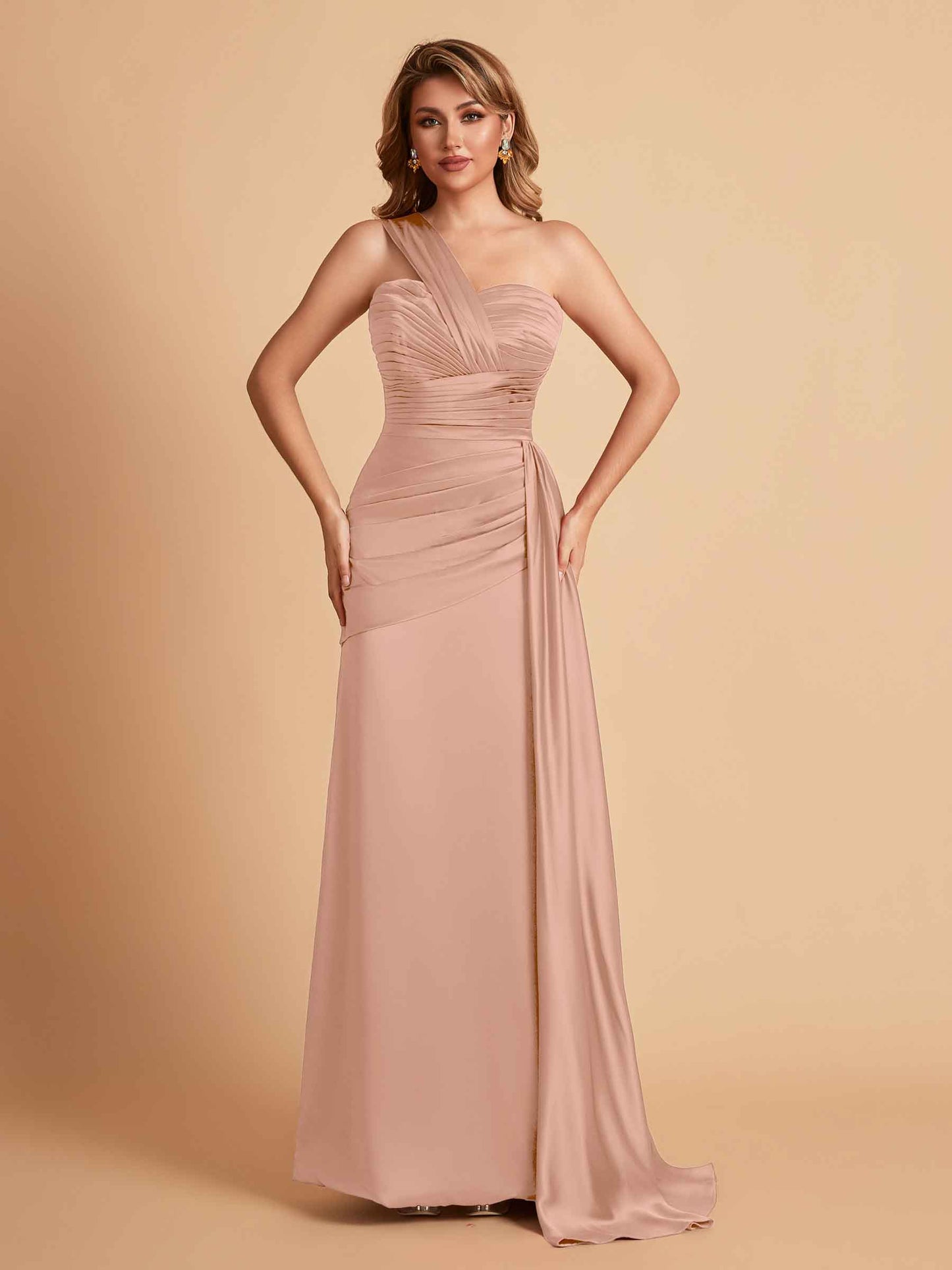 Sexy Satin Sheath One Shoulder With Train Elegant Long Bridesmaid Dresses