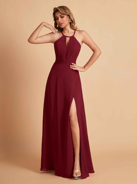 Stylish A-line Chiffon Halter Key-hole Open Back Floor Length Bridesmaid Dresses