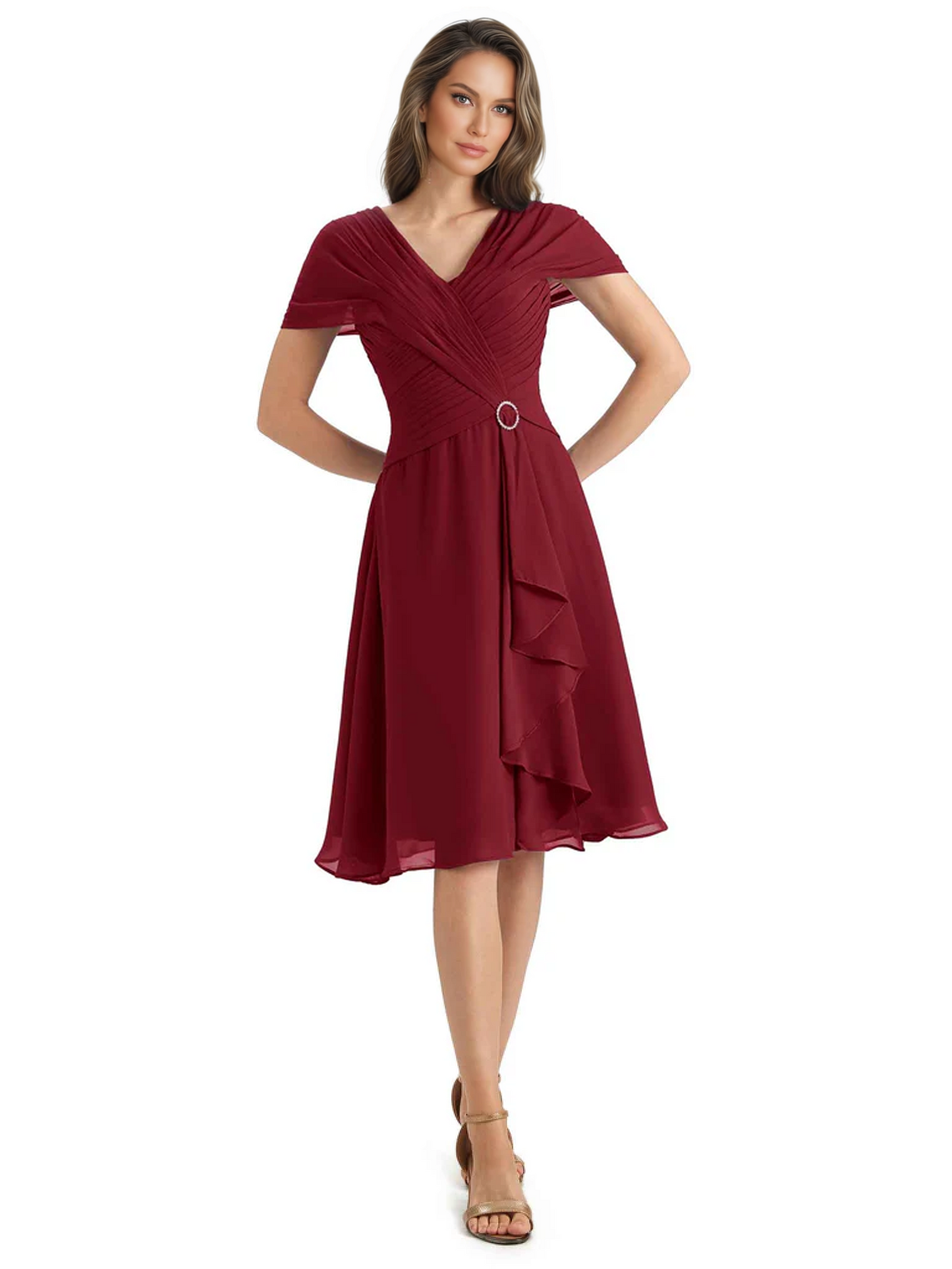 Mother of the Bride Dress Knee-Length V-Neck Chiffon Gown with Ruched Bodice