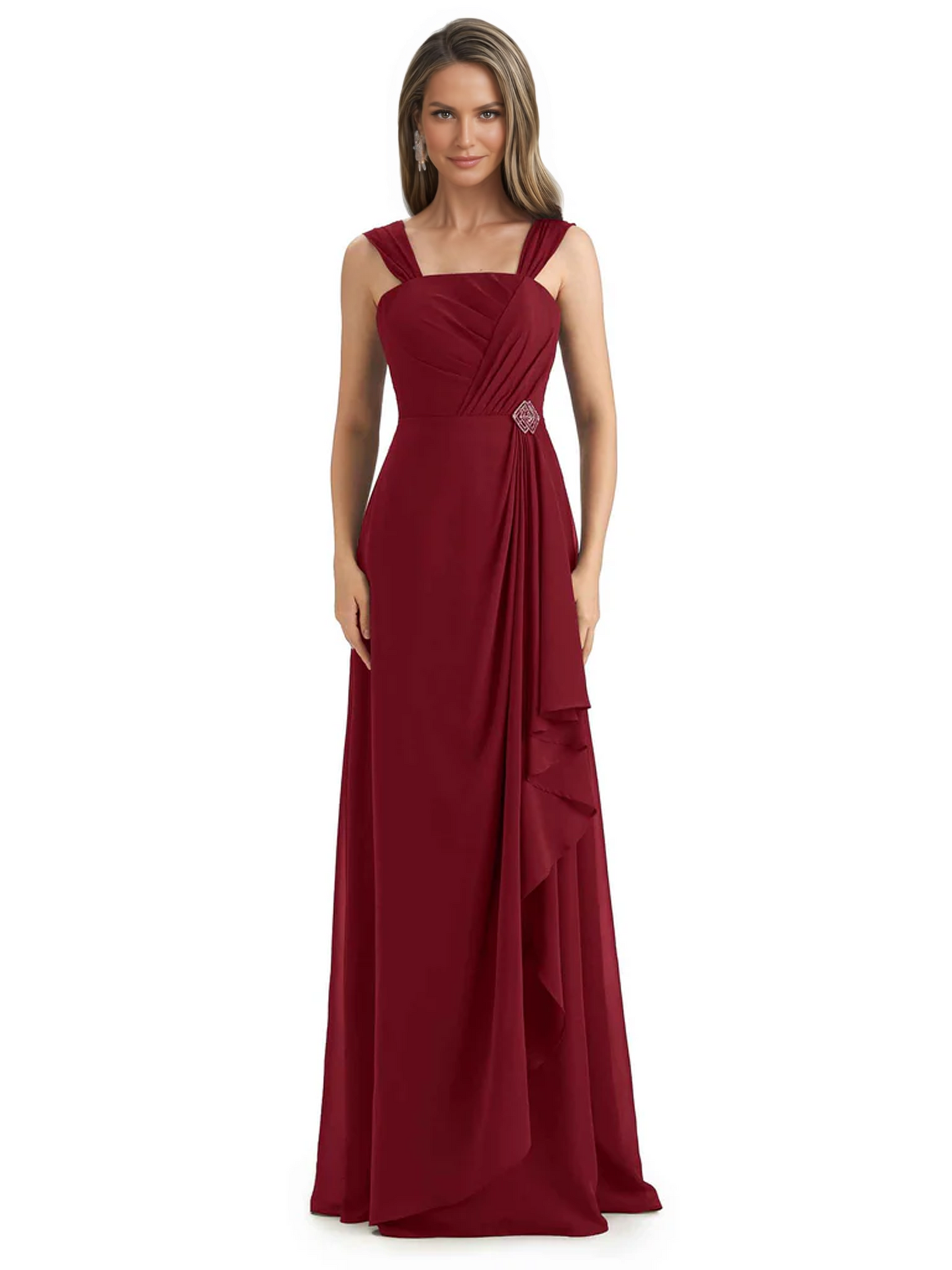 Square Neck Mother of the Bride Dress Floor-Length Chiffon Gown with Ruched Bodice