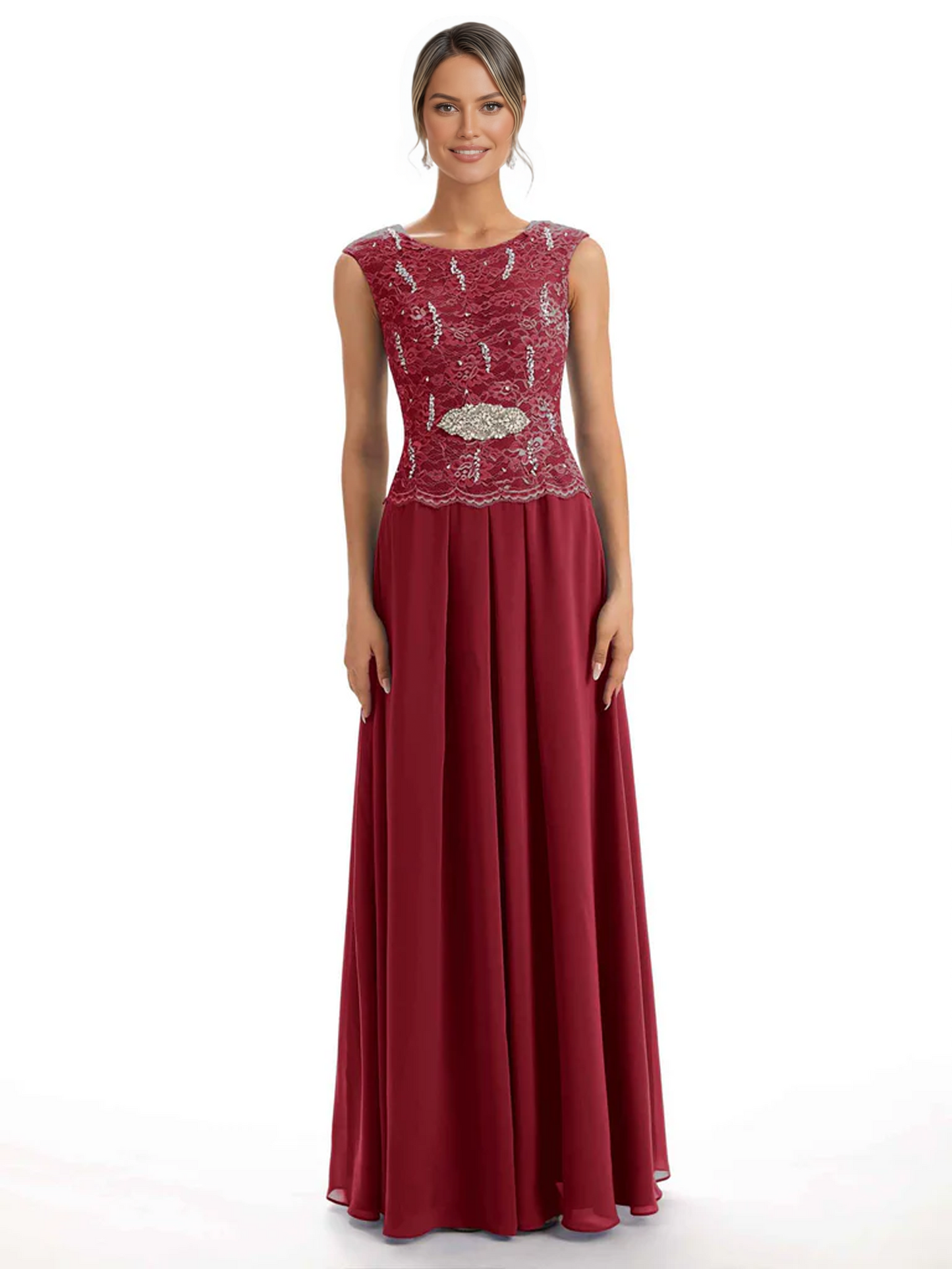 Mother of the Bride Dress Floor-Length Chiffon Gown with Embroidered Lace Bodice